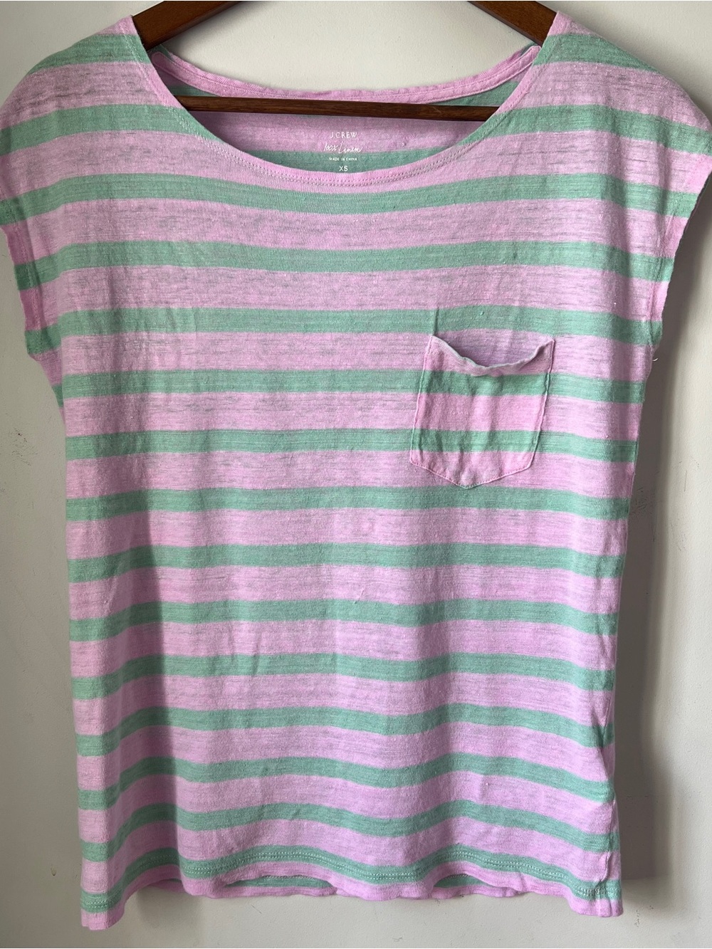 J. Crew Pink and Mint Striped Cap-Sleeve Pocket Top